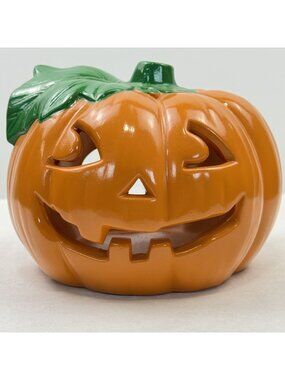 Vtg 1988 Flambro Ceramic Jack O' Lantern Pumpkin Halloween Candle Holder #1542A